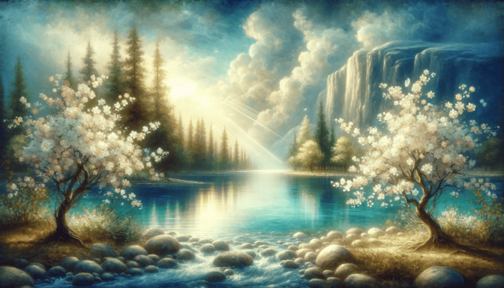 An evocative image representing Forgiveness and Healing, featuring a serene lake with crystal clear water, surrounded by blossoming trees, symbolizing purity, renewal, and the healing power of nature.