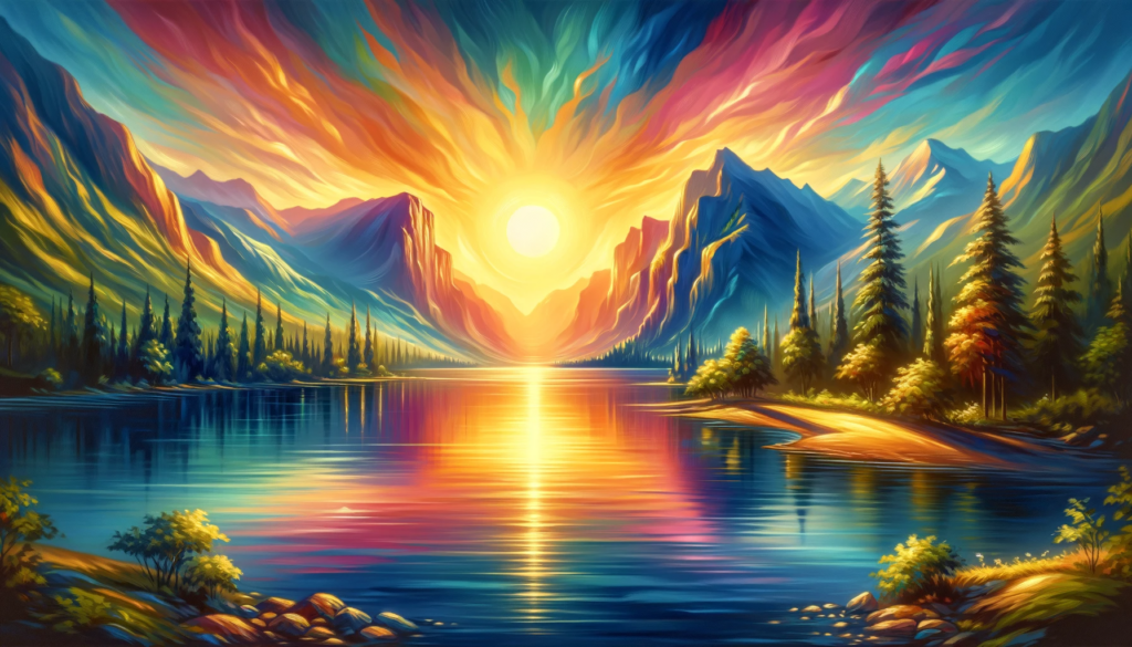 Vibrant scene depicting a sunrise over a calm lake surrounded by mountains, symbolizing hope and strength in God.
