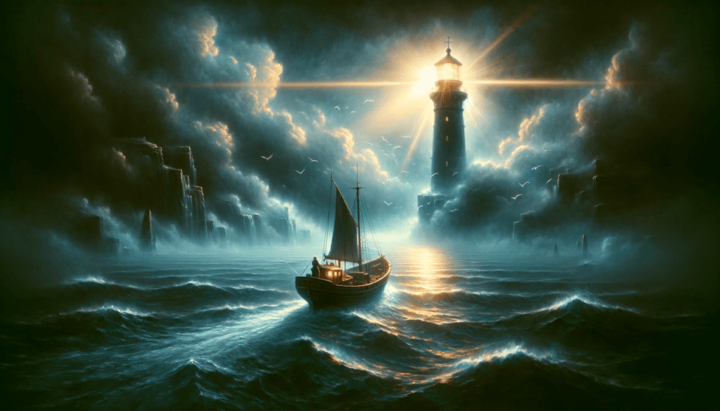 Majestic scene of a small boat navigating through foggy waters towards a distant, shining lighthouse, symbolizing guidance and encouragement in difficult times.