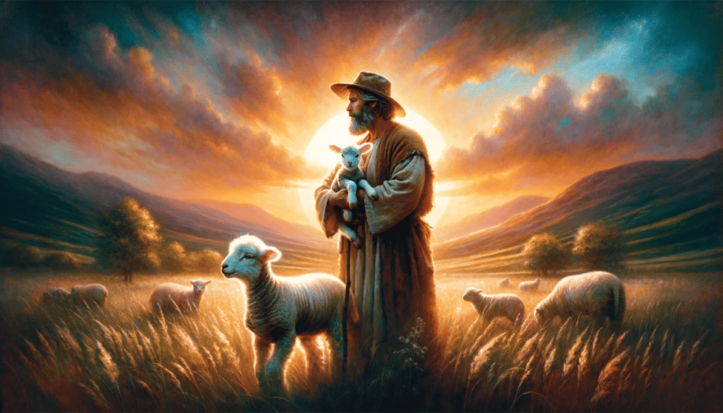 Warm, comforting image of a shepherd with a lamb in a peaceful meadow under a sunset sky, symbolizing God's love and care.