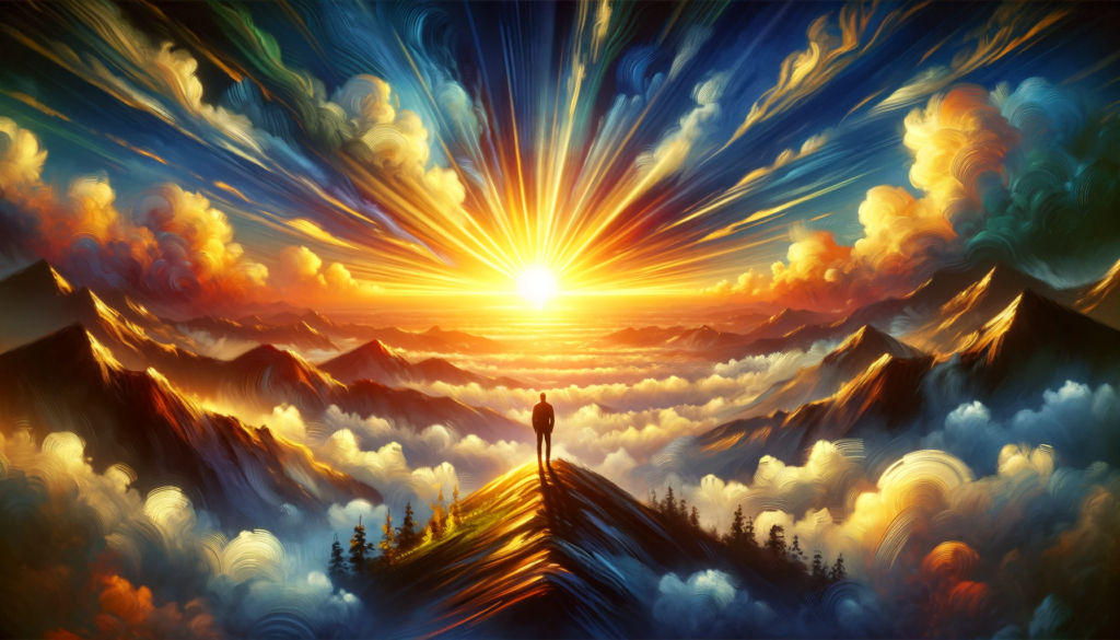 Inspiring scene of an individual standing on a hilltop, gazing at a vibrant sunrise, symbolizing the renewal of the mind.