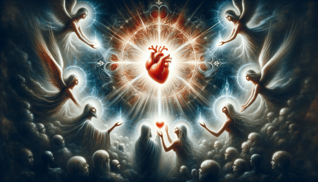A heart being cleansed and purified by divine light, surrounded by ethereal figures.