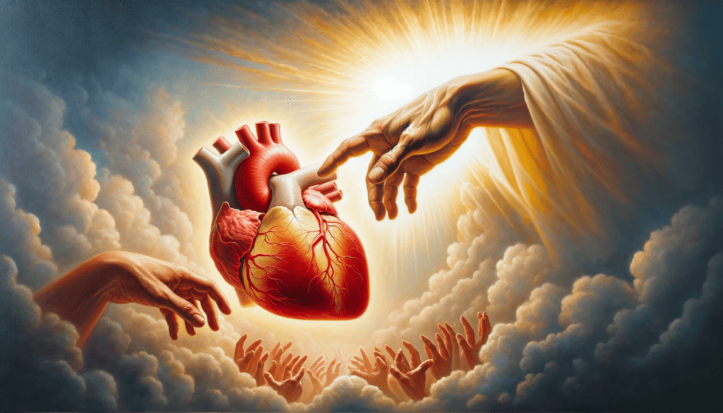 A heart undergoing transformation and renewal with a divine hand reaching from the heavens.