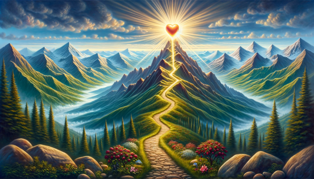 A scenic mountain path leading to a radiant, pure heart at the peak, symbolizing righteousness.