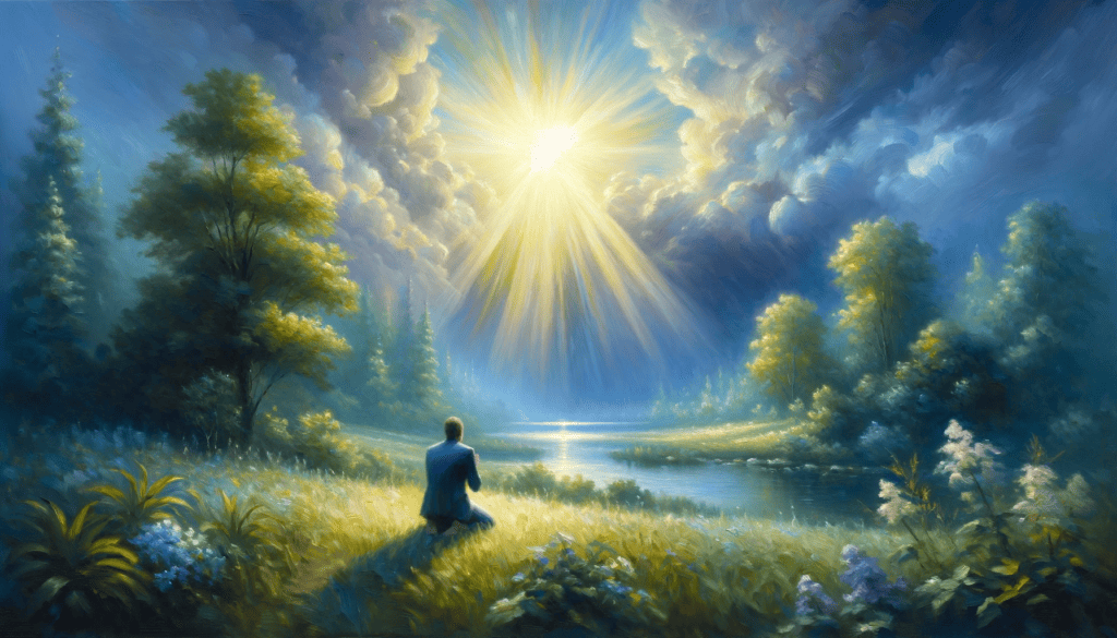 A serene oil painting depicting a person praying in a tranquil meadow under a divine light.