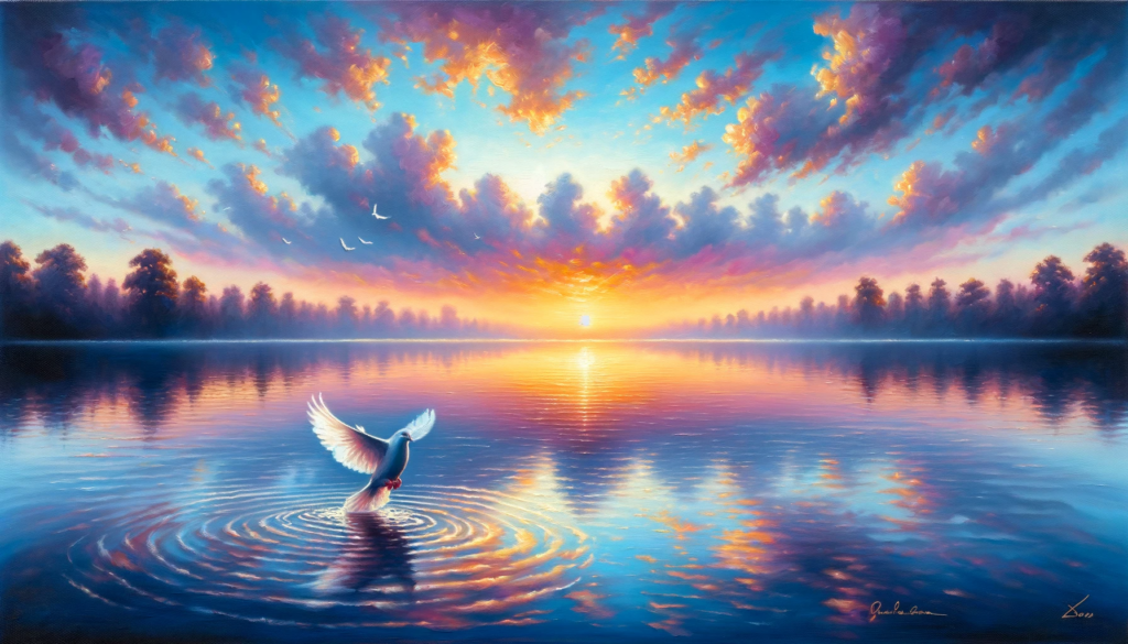 An oil painting showing a calm lake reflecting sunset colors with a dove flying over, symbolizing peace.