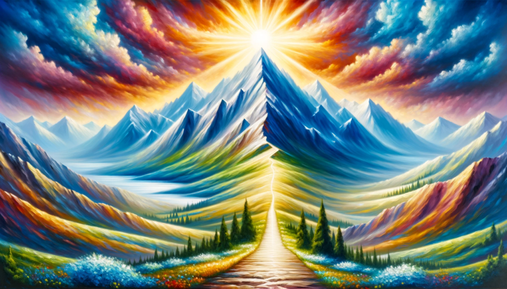 A vibrant oil painting illustrating a mountain with a clear path and a radiant sun, symbolizing the journey of faith.