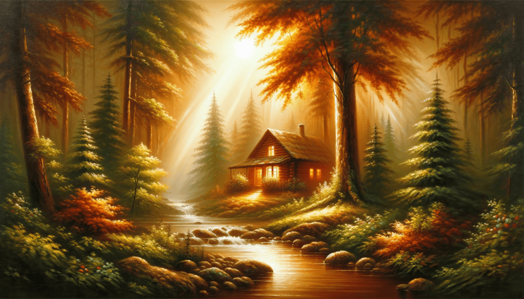 A warm oil painting depicting a cozy cottage in a forest with a stream and light through trees, symbolizing comfort.