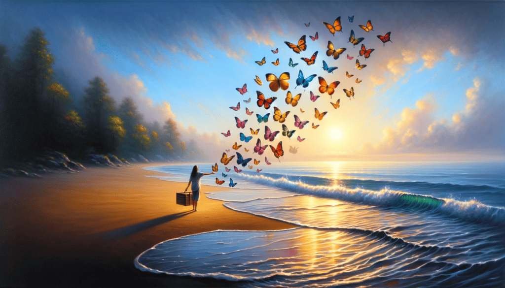 A calming oil painting depicting a tranquil beach at dawn with a person releasing a vibrant cluster of butterflies, symbolizing the release of worries and embracing peace.