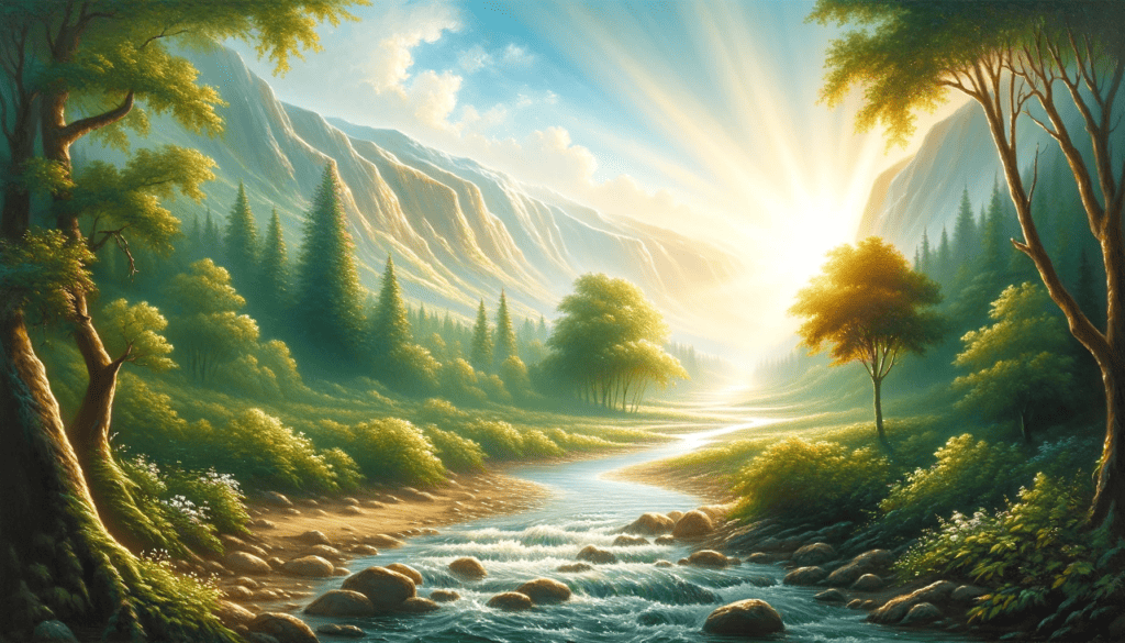 A hopeful oil painting showing a sunlit valley with a stream and a path towards a bright horizon, symbolizing hope.