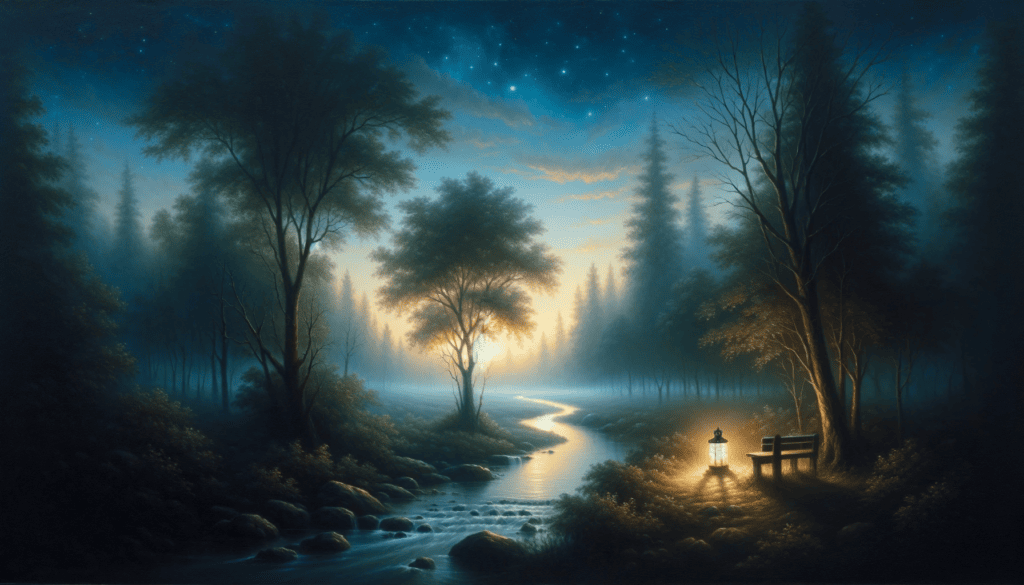 An oil painting capturing the essence of 'Comfort in Grief', showing a serene twilight landscape with a softly flowing stream, whispering trees, a starlit sky, and a glowing lantern beside a bench, embodying solace as in Psalm 23:4.