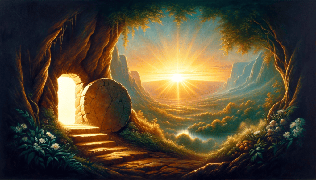 An oil painting for 'Hope in Resurrection', showing a tranquil sunrise over a vibrant landscape with an open tomb emanating light, capturing the promise of new beginnings as in 1 Thessalonians 4:13-14.