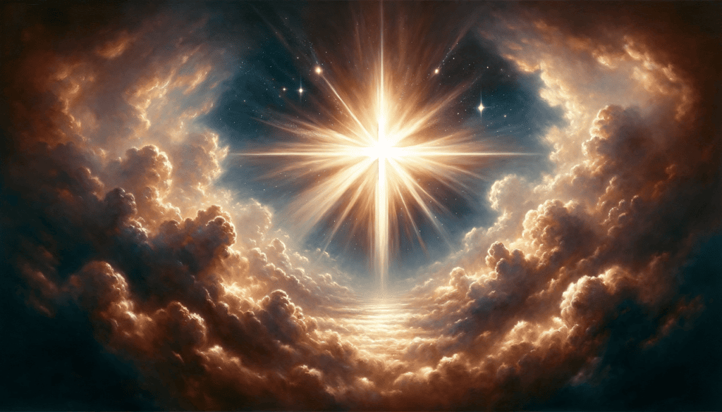 An oil painting capturing 'Eternal Life and Salvation', portraying a celestial scene with divine light shining on a cross, symbolizing John 3:16.
