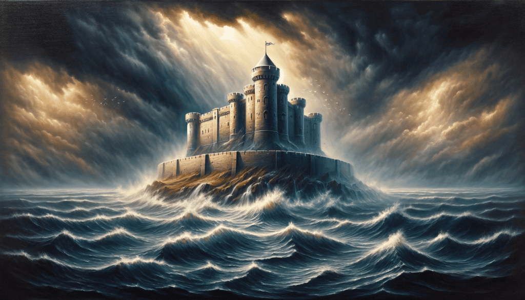 An oil painting illustrating 'God's Faithfulness and Refuge' with a sturdy fortress amidst a stormy landscape, representing Psalm 46:1-2.
