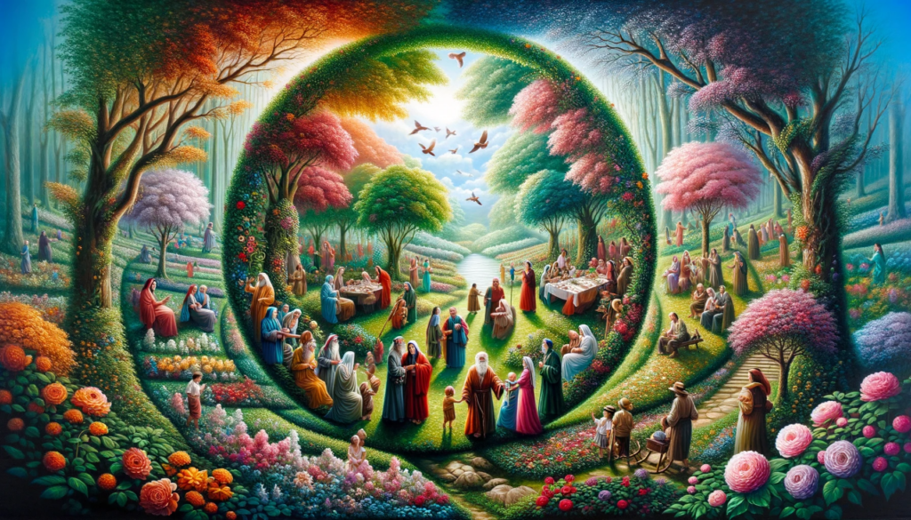 An oil painting reflecting 'Remembering and Celebrating Life', showing a vibrant family gathering in a lush garden, capturing the essence of Ecclesiastes 3:1-4.