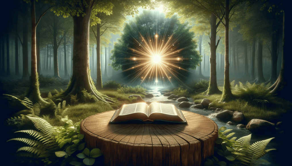 The Power of God's Word: A serene forest with a shining Bible radiating light, symbolizing spiritual strength. 