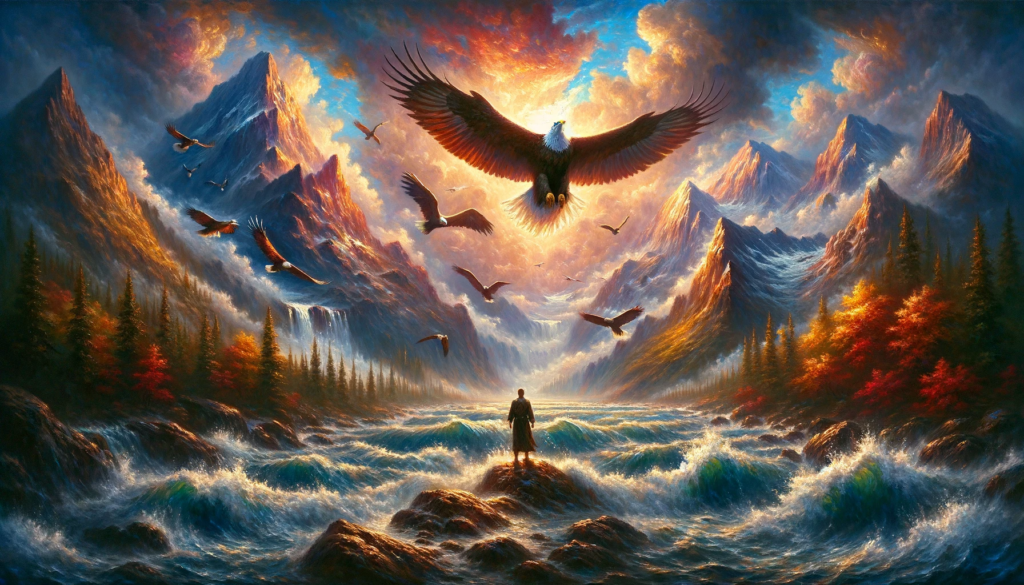 An oil painting of a majestic landscape with soaring eagles and a resilient figure amid turbulent waters and shifting mountains, symbolizing renewal, strength, and unshakeable faith in both turmoil and tranquility.