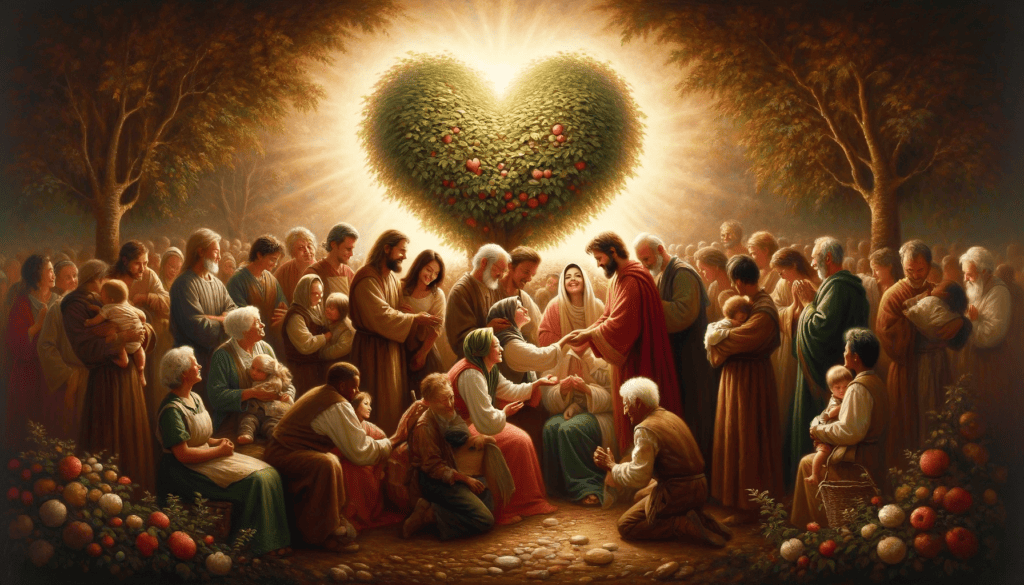 An oil painting depicting a harmonious scene with diverse individuals sharing moments of kindness around a heart-shaped tree, symbolizing love and compassion, bathed in gentle, warm light, embodying charity, empathy, and mutual respect.