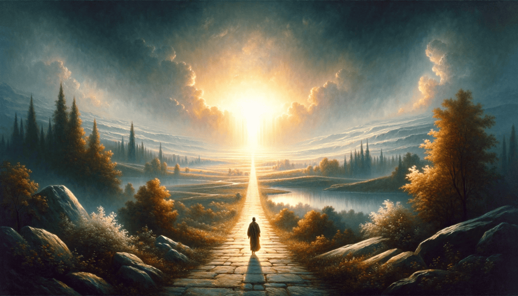A tranquil landscape in an oil painting style, featuring a pathway leading towards a glowing light, with a figure walking confidently, symbolizing divine guidance and unwavering faith in a serene, inspiring environment.