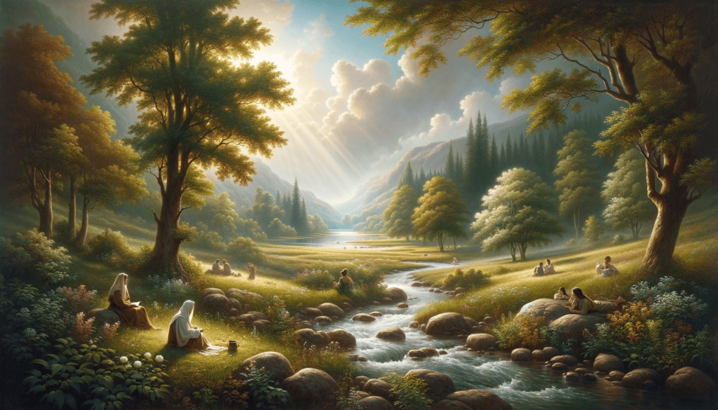 An oil painting of a serene landscape with a gentle stream flowing through a lush meadow, individuals in states of rest and contemplation, embodying peace and comfort, bathed in soft, radiant light symbolizing divine presence.