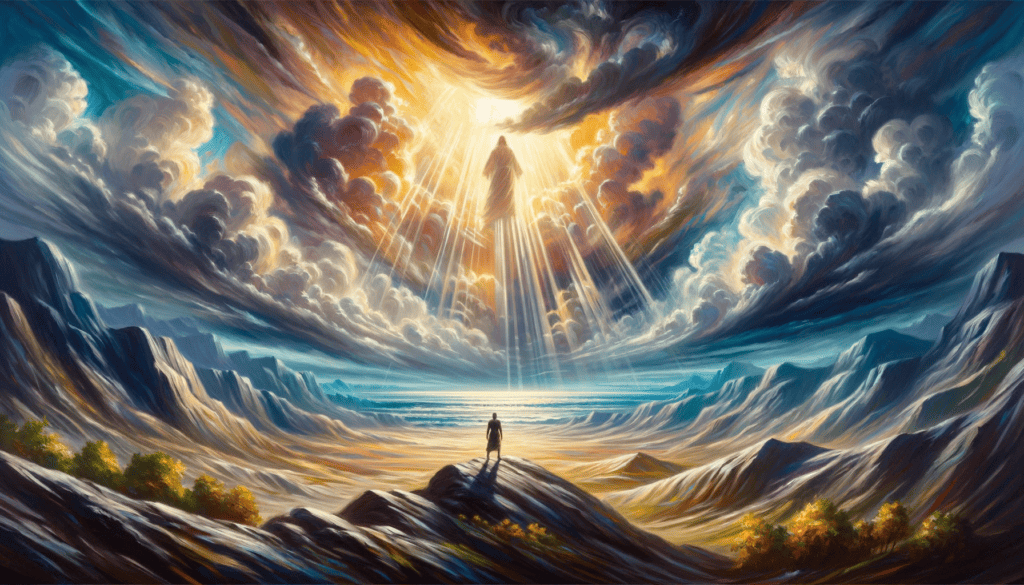 An oil painting depicting a central figure standing boldly in a dramatic landscape, symbolizing strength and bravery, with a dynamic sky and rays of light representing divine guidance and support, embodying the spirit of courage and overcoming fear.