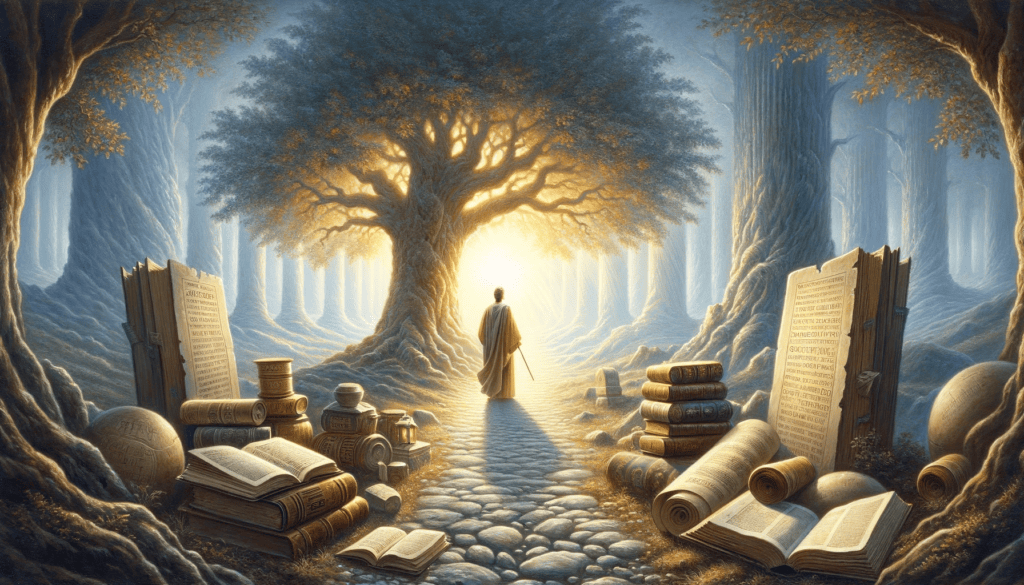An oil painting depicting a serene scene with a figure at a crossroads, gazing at an illuminated path, surrounded by ancient scrolls and books, under a wise old tree, symbolizing divine guidance, wisdom, and understanding.