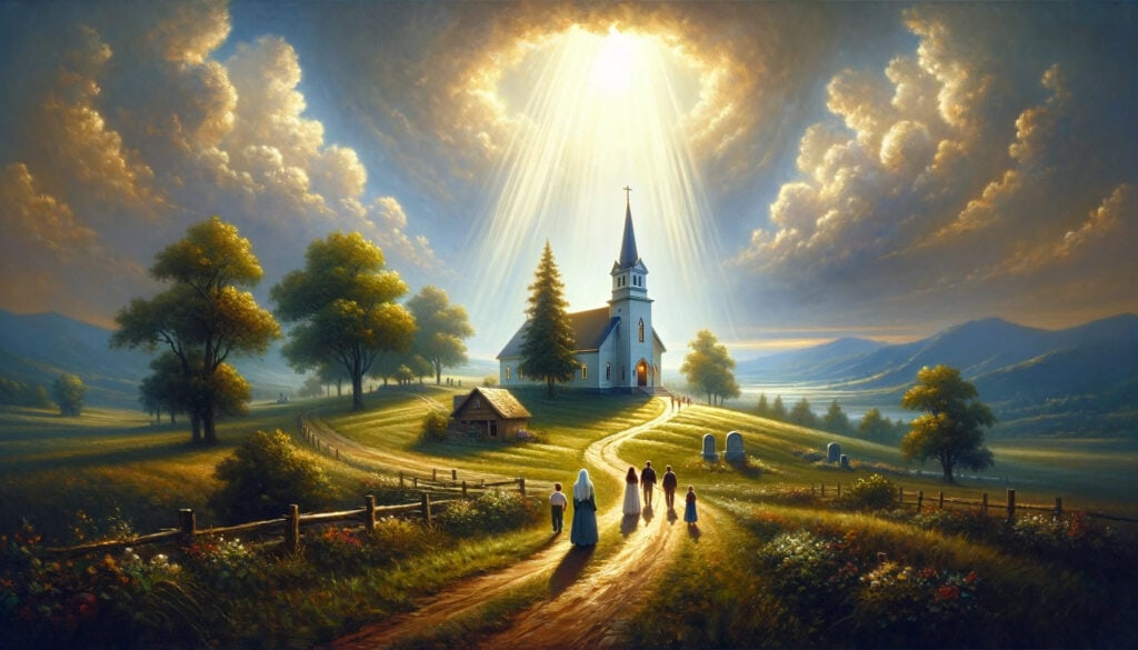A serene landscape with a church and a family walking towards it, bathed in heavenly light.