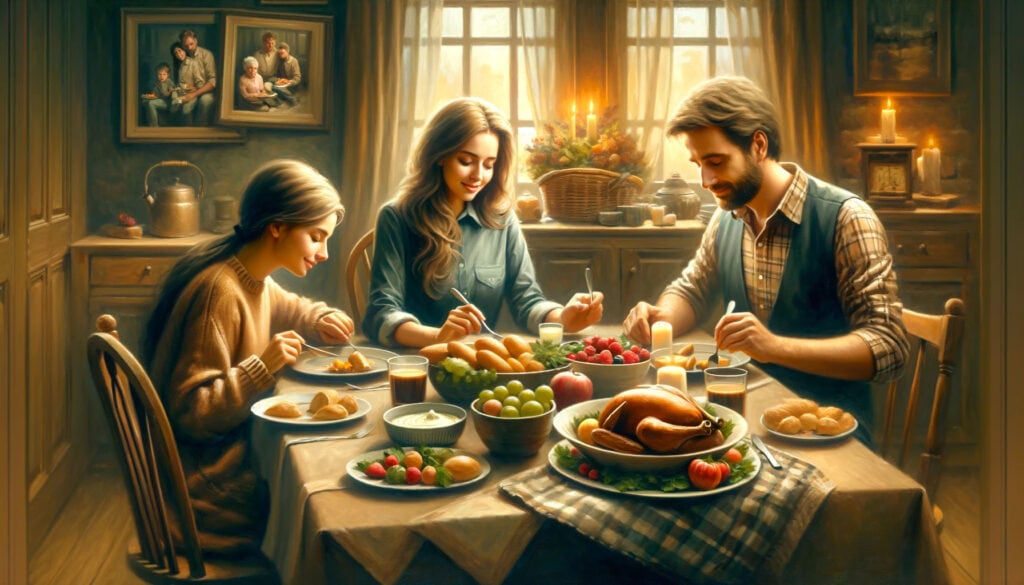 A cozy scene of a family and couple sharing a meal in a home, exuding warmth and unity.