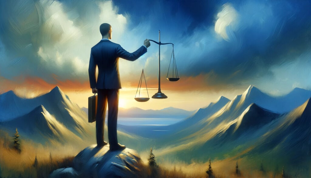 A person standing with a balance scale, representing personal integrity, against a mountainous backdrop.