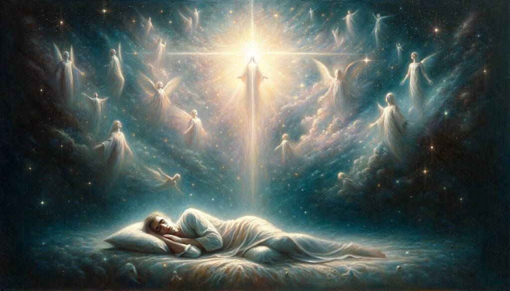 An oil painting depicting a serene celestial scene of God communicating through dreams, with a dreamer sleeping under a star-filled sky and divine light symbolizing spiritual connection.