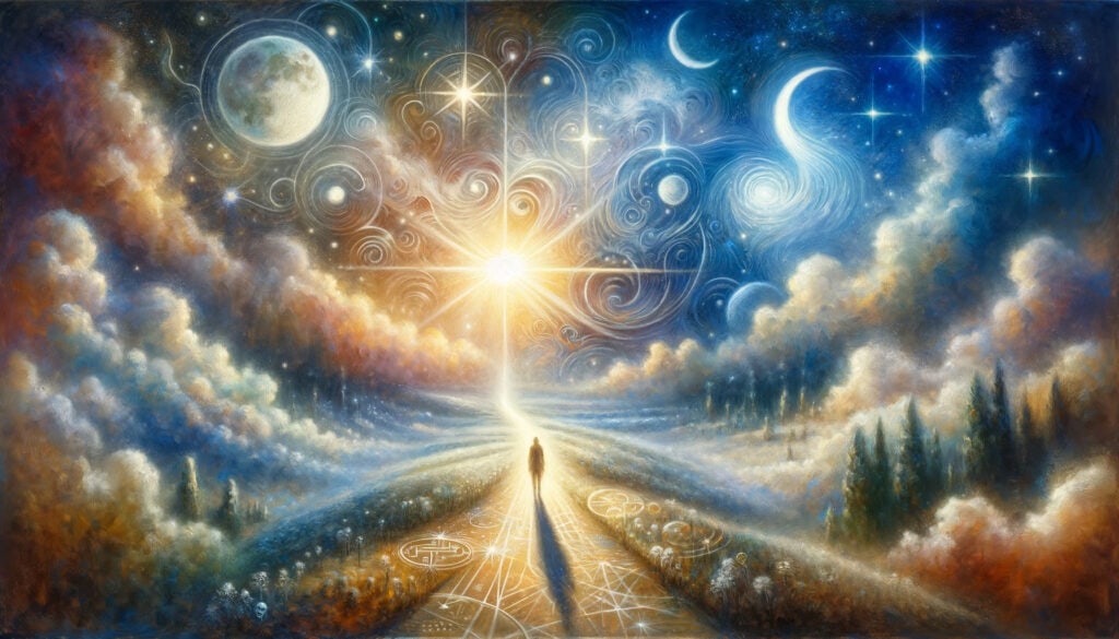 An oil painting showing a dreamer being led through a mystical landscape by a guiding light, filled with symbolic elements and soft illumination.