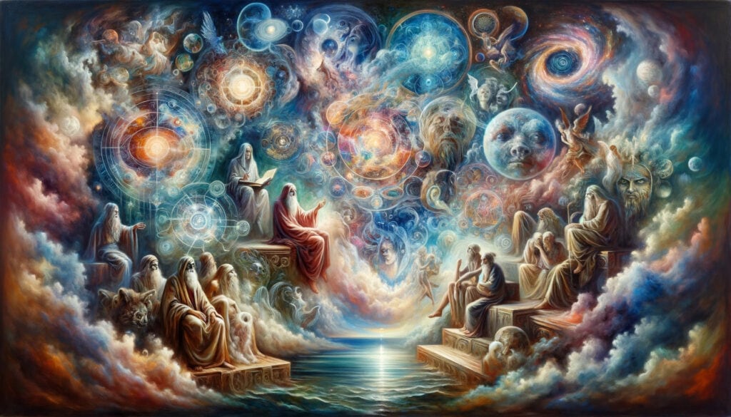 An oil painting of ancient prophets and seers immersed in vivid dreams and visions, featuring ethereal landscapes and celestial bodies.