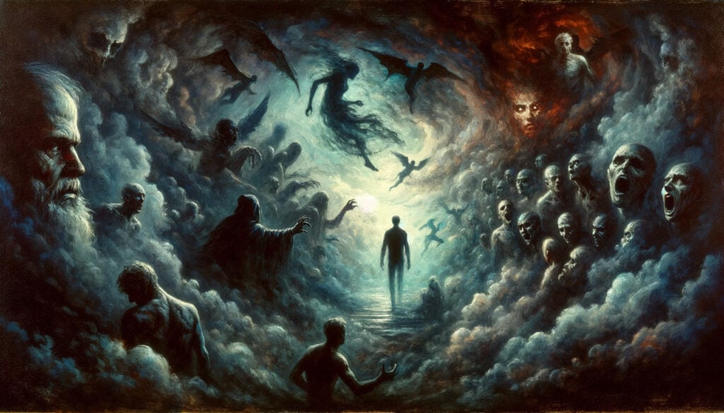 An oil painting illustrating a tense scene with a dreamer confronted by ominous visions, using dark, moody colors and shadowy figures.
