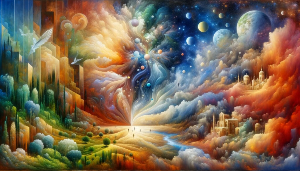 An oil painting showing the contrast between grand dreamscapes and grounded elements, symbolizing the boundless nature and limitations of dreams.
