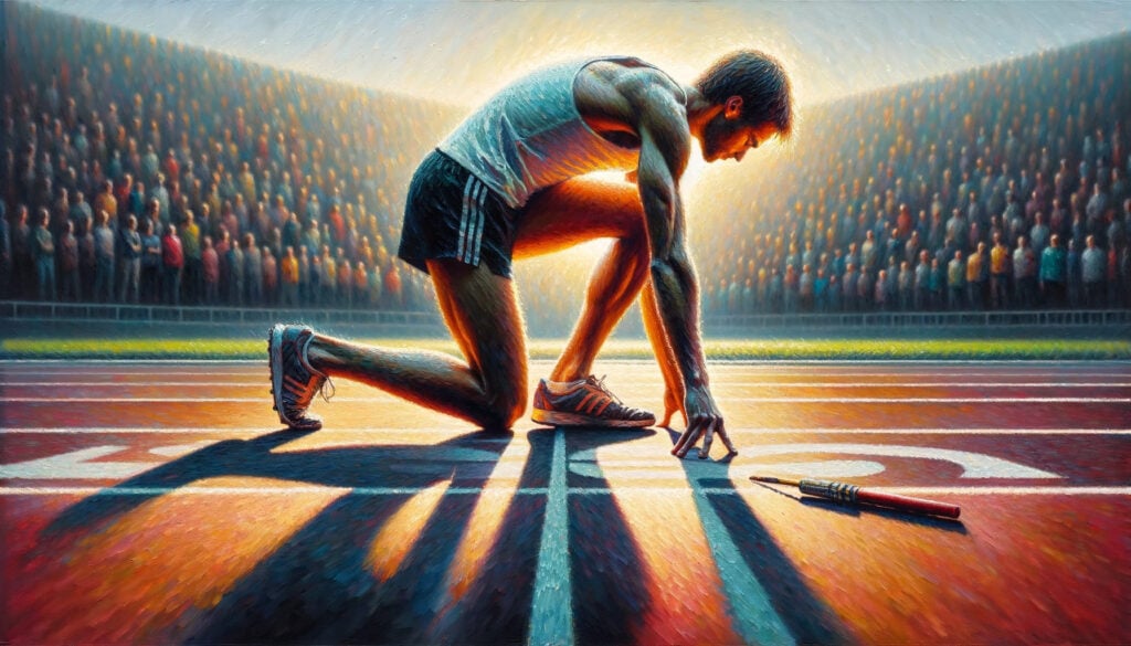 A vivid oil painting of a runner at the starting line, focusing on the track ahead, symbolizing discipline and determination.
