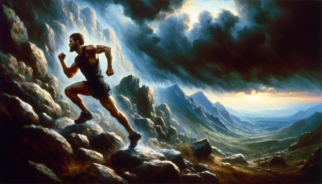 An oil painting showcasing a lone runner navigating through a rugged landscape under a stormy sky, symbolizing the essence of perseverance and endurance. The dramatic lighting and dynamic brushstrokes highlight the runner's determination.