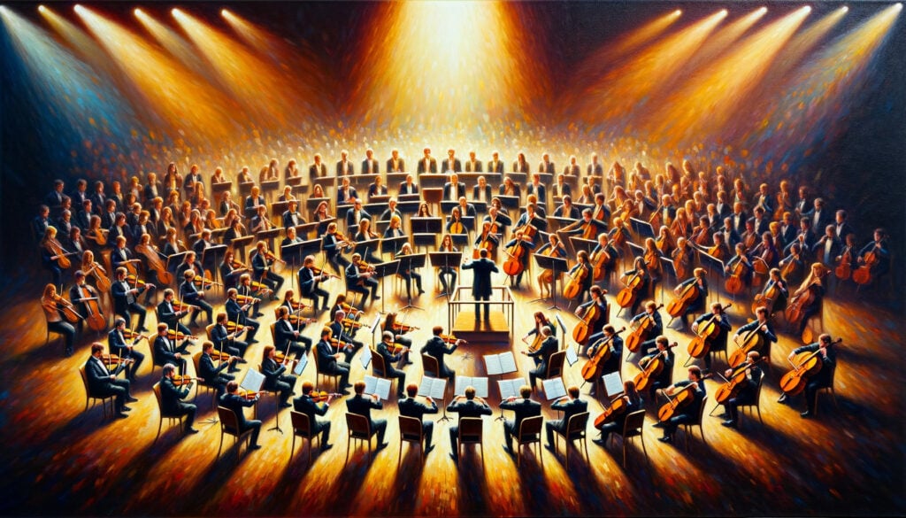 A vibrant oil painting of an orchestra in performance, capturing the essence of teamwork and unity. Each musician, focused on their instrument, contributes to a powerful symphony in an elegant concert hall illuminated by stage lights. This image illustrates how diverse elements can harmonize to create a mesmerizing musical piece.