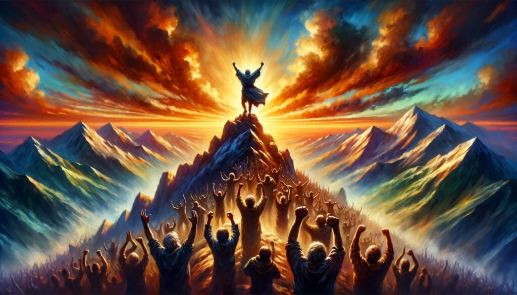 A vibrant painting illustrating a moment of triumph, with a figure celebrating victory atop a mountain, surrounded by supporters.