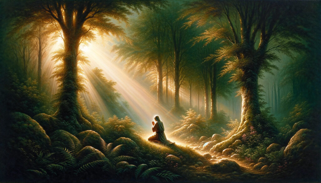 A tranquil portrayal of a figure in prayer within a sunlit forest, conveying a deep sense of faith and divine trust. 