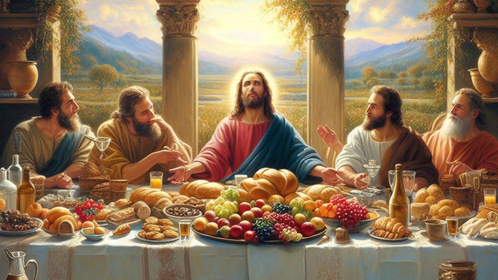 An oil painting showing God's blessings and provision with an abundance of food and strength, laid out on a table.