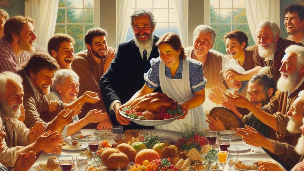 An oil painting depicting a group of people happily enjoying a feast together, embodying gratitude and thanksgiving as taught in the Bible.