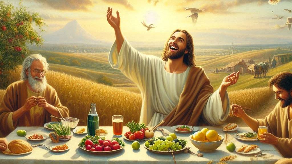 An oil painting depicting the joy of living well through simple things like eating, drinking, and working, as shown by Jesus.