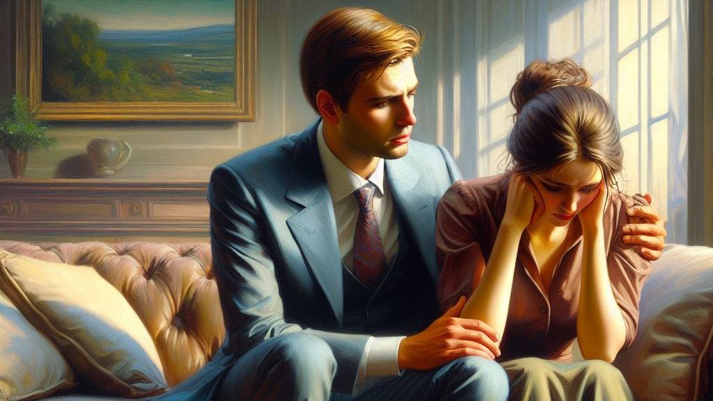 An oil painting of a husband comforting his sad wife while sitting on a couch, symbolizing mutual respect and support.
