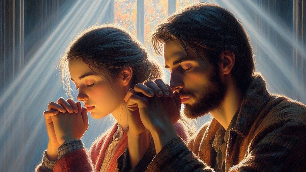 An oil painting of a couple solemnly praying together with a relaxing ambiance, showing divine guidance in a relationship.