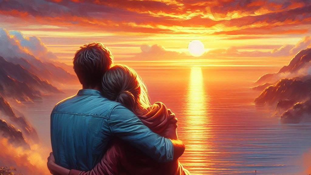 An oil painting of a couple hugging while watching a beautiful sunset together, showing the blessing of partnership.