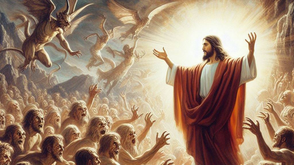 An oil painting of Jesus casting out demons, illustrating His divine authority and the triumph of good over evil.