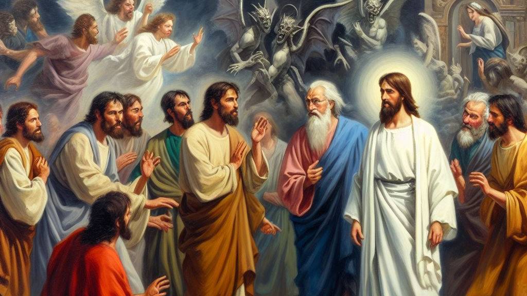 An oil painting depicting the disciples and believers courageously confronting demons, empowered by the strength given to them by Jesus.