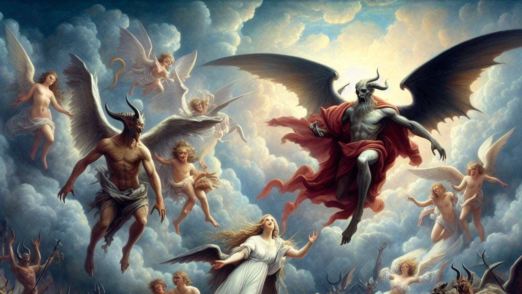 An oil painting illustrating the descent of demons, guided by Satan, as they are cast out of heaven for their rebellion and sins.