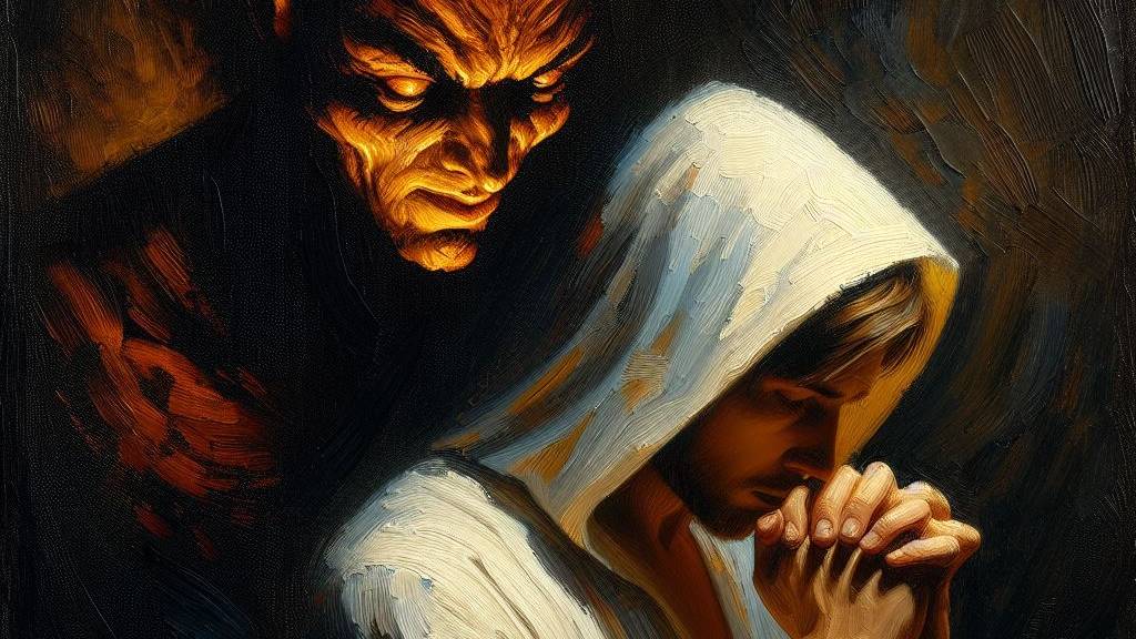 An oil painting of a person in deep prayer, with a dark, menacing shadow behind them, representing the unseen threat of demons as warned in the Bible.
