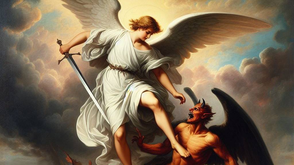 An oil painting of an angel conquering a demon on a hilltop, with the angel’s foot on the demon and a sword in hand, representing victory over darkness.